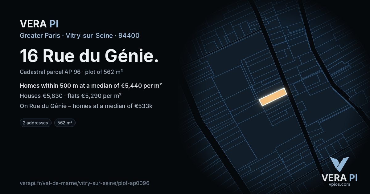 16 Rue du Génie, Vitry-sur-Seine at night – the plot lit, the parcels around coloured by the prices near them
