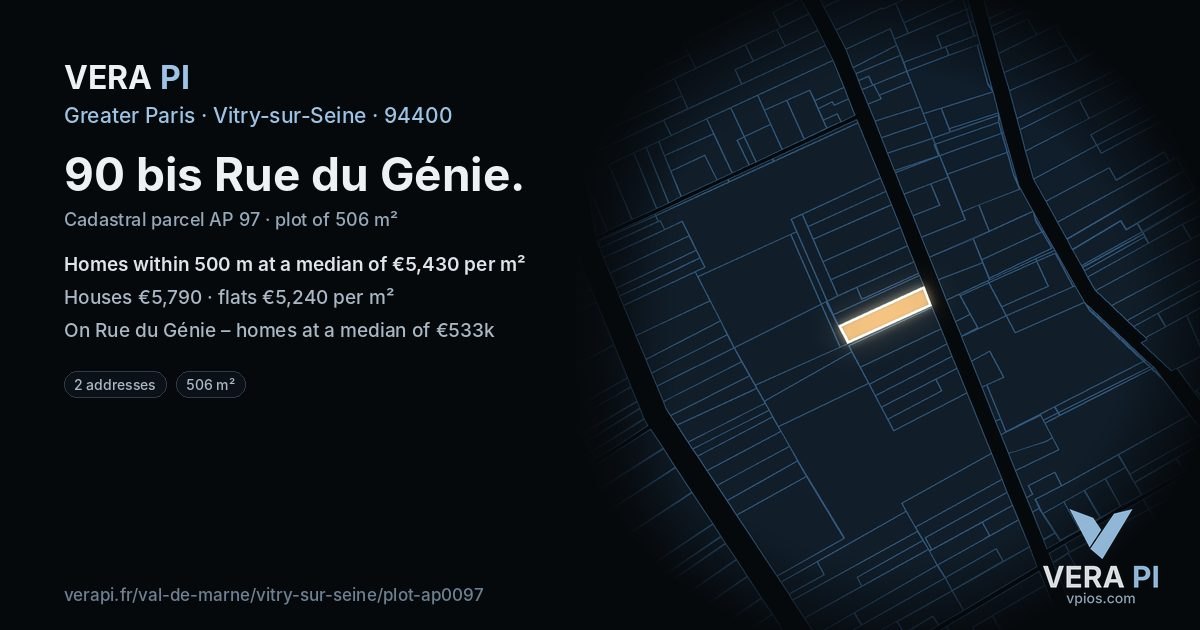 90 bis Rue du Génie, Vitry-sur-Seine at night – the plot lit, the parcels around coloured by the prices near them