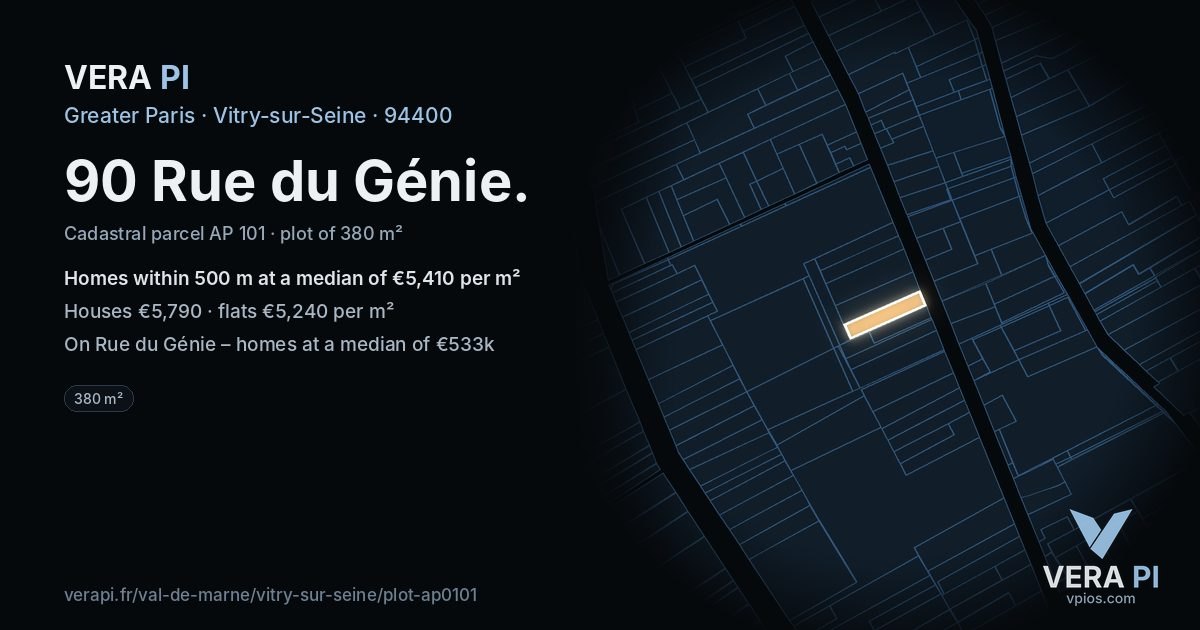 90 Rue du Génie, Vitry-sur-Seine at night – the plot lit, the parcels around coloured by the prices near them