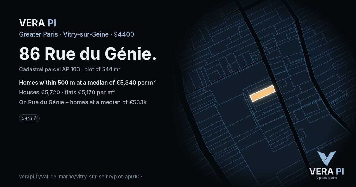86 Rue du Génie, Vitry-sur-Seine at night – the plot lit, the parcels around coloured by the prices near them