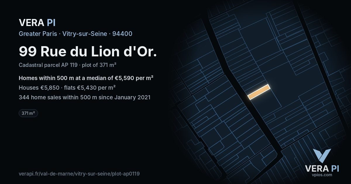 99 Rue du Lion d'Or, Vitry-sur-Seine at night – the plot lit, the parcels around coloured by the prices near them