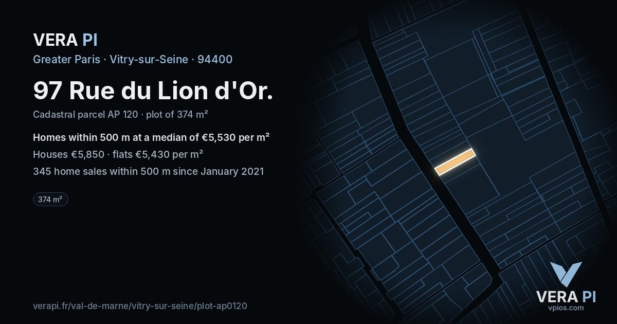 97 Rue du Lion d'Or, Vitry-sur-Seine at night – the plot lit, the parcels around coloured by the prices near them