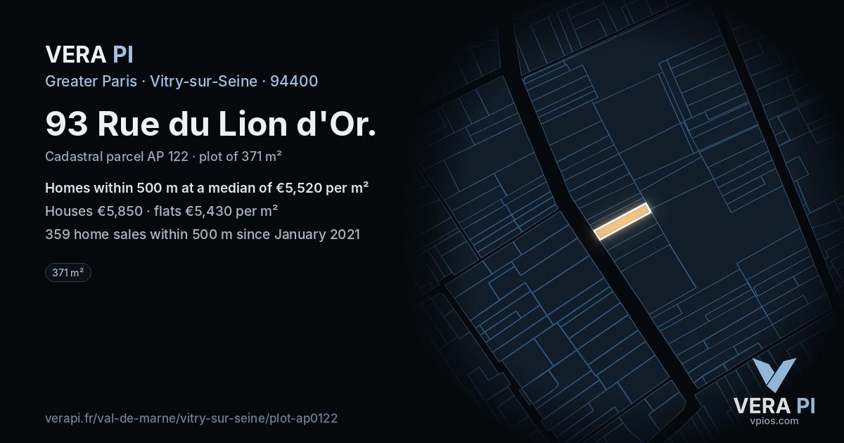 93 Rue du Lion d'Or, Vitry-sur-Seine at night – the plot lit, the parcels around coloured by the prices near them