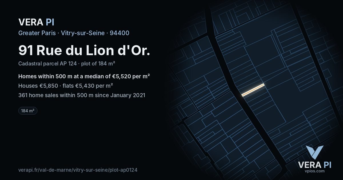 91 Rue du Lion d'Or, Vitry-sur-Seine at night – the plot lit, the parcels around coloured by the prices near them