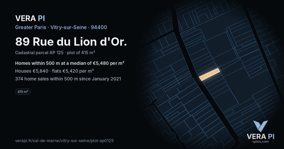89 Rue du Lion d'Or, Vitry-sur-Seine at night – the plot lit, the parcels around coloured by the prices near them