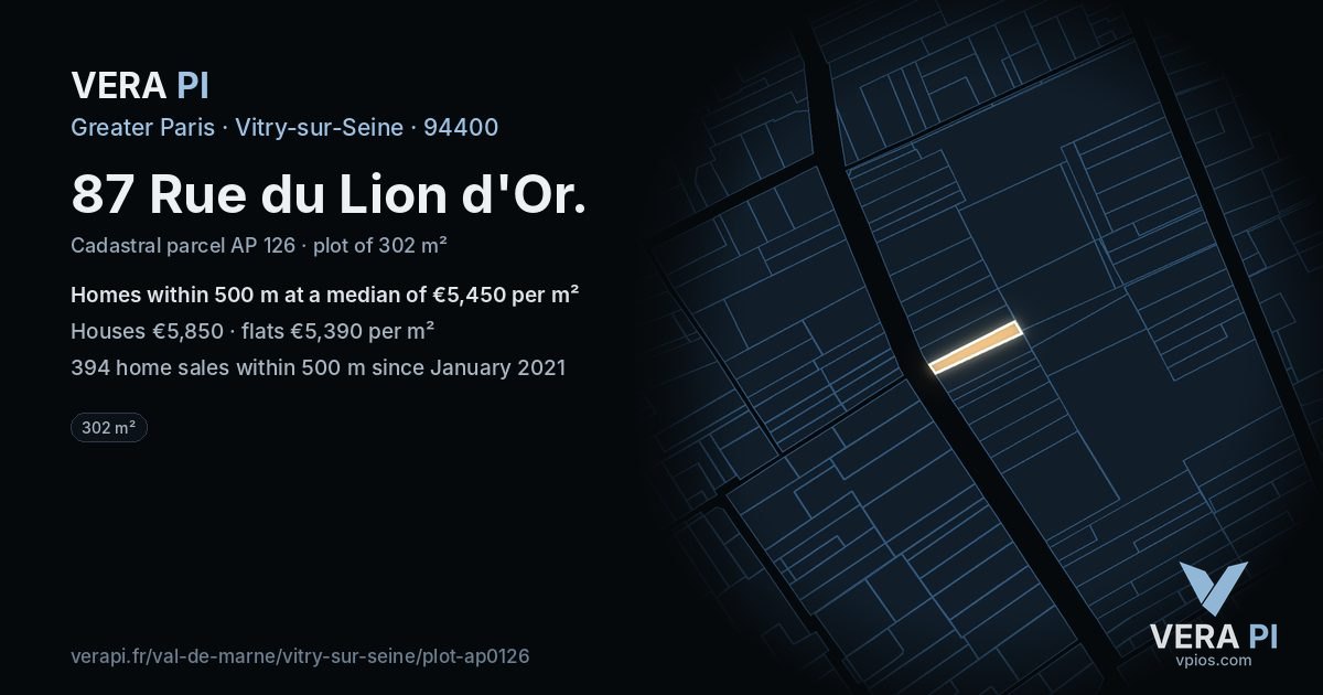 87 Rue du Lion d'Or, Vitry-sur-Seine at night – the plot lit, the parcels around coloured by the prices near them