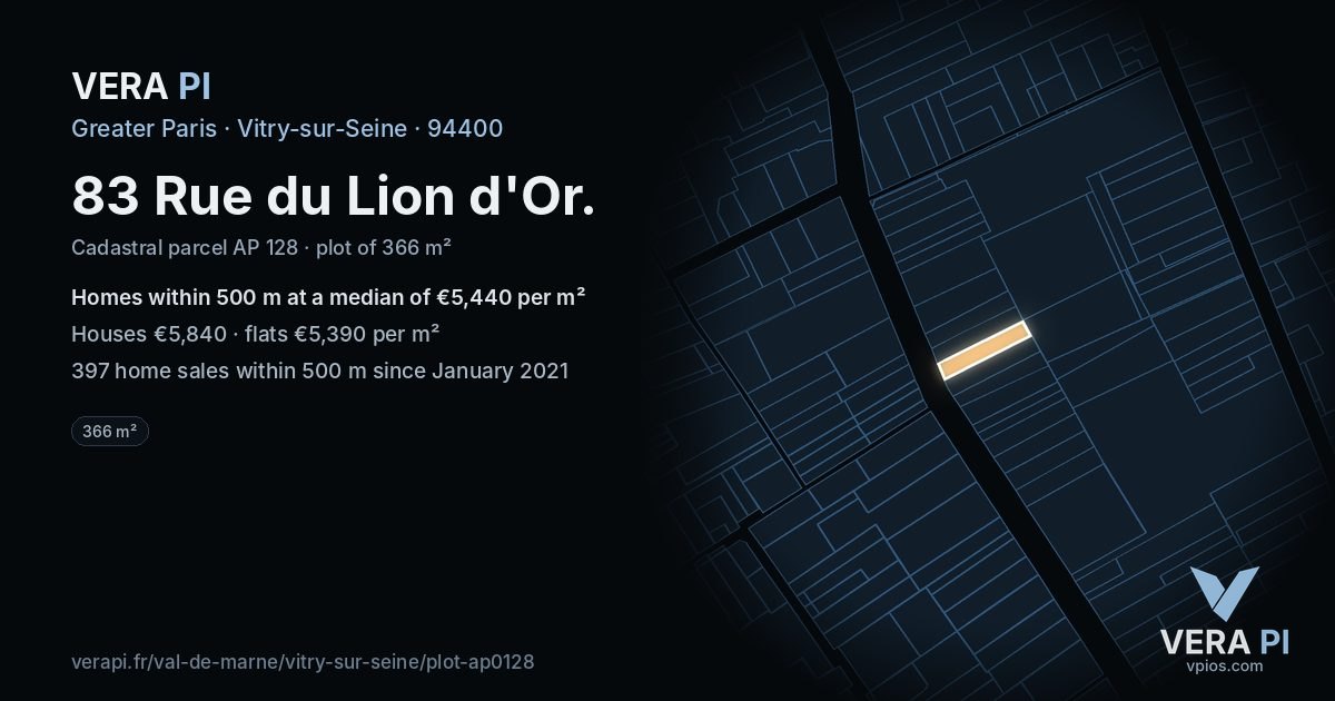 83 Rue du Lion d'Or, Vitry-sur-Seine at night – the plot lit, the parcels around coloured by the prices near them