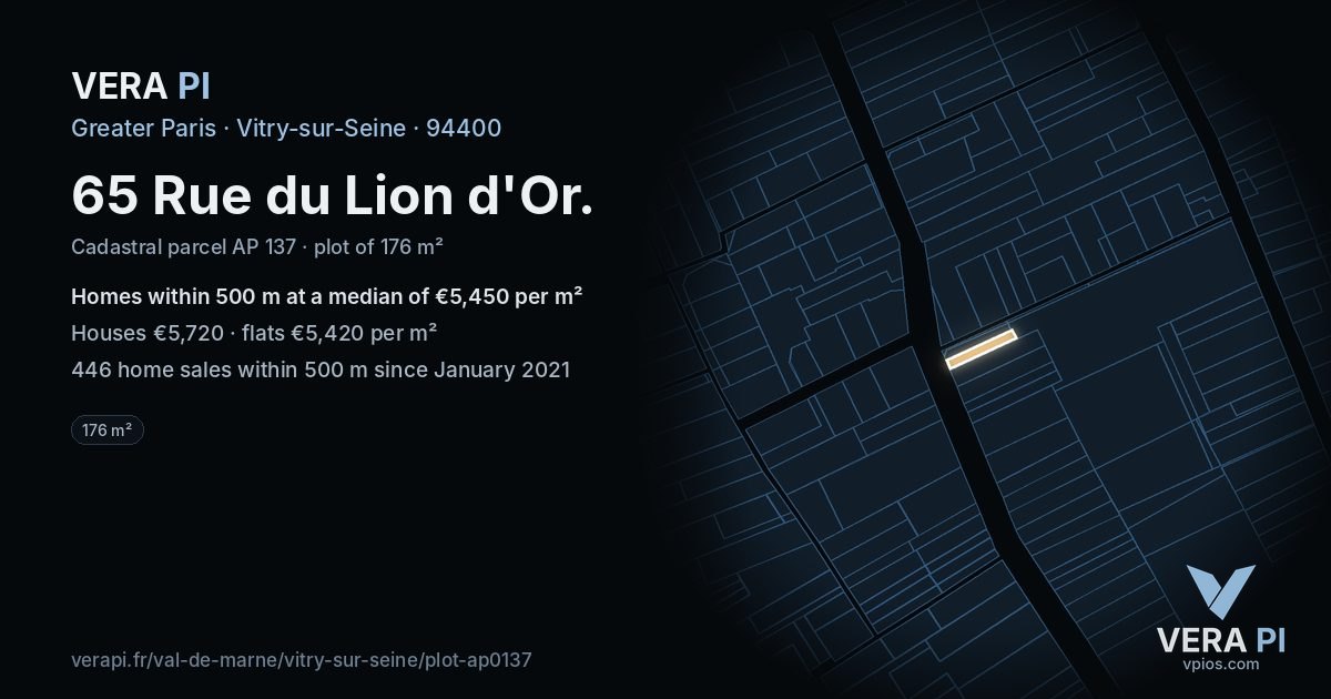 65 Rue du Lion d'Or, Vitry-sur-Seine at night – the plot lit, the parcels around coloured by the prices near them