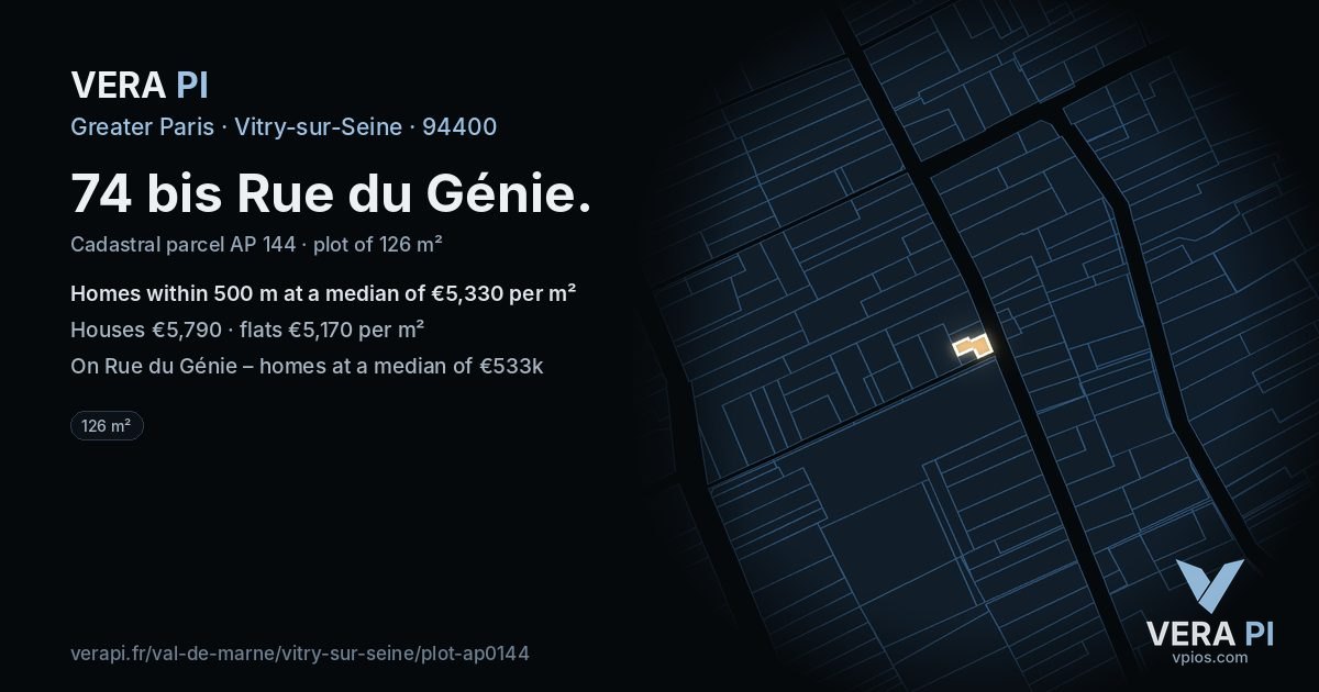 74 bis Rue du Génie, Vitry-sur-Seine at night – the plot lit, the parcels around coloured by the prices near them