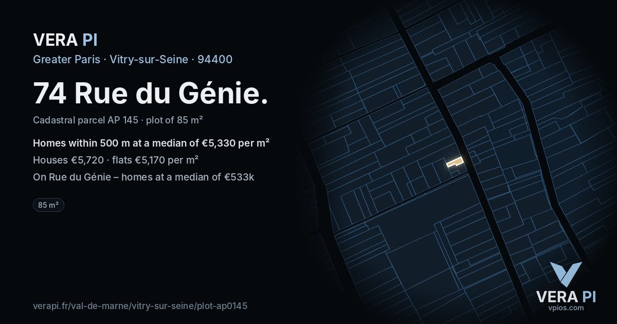 74 Rue du Génie, Vitry-sur-Seine at night – the plot lit, the parcels around coloured by the prices near them