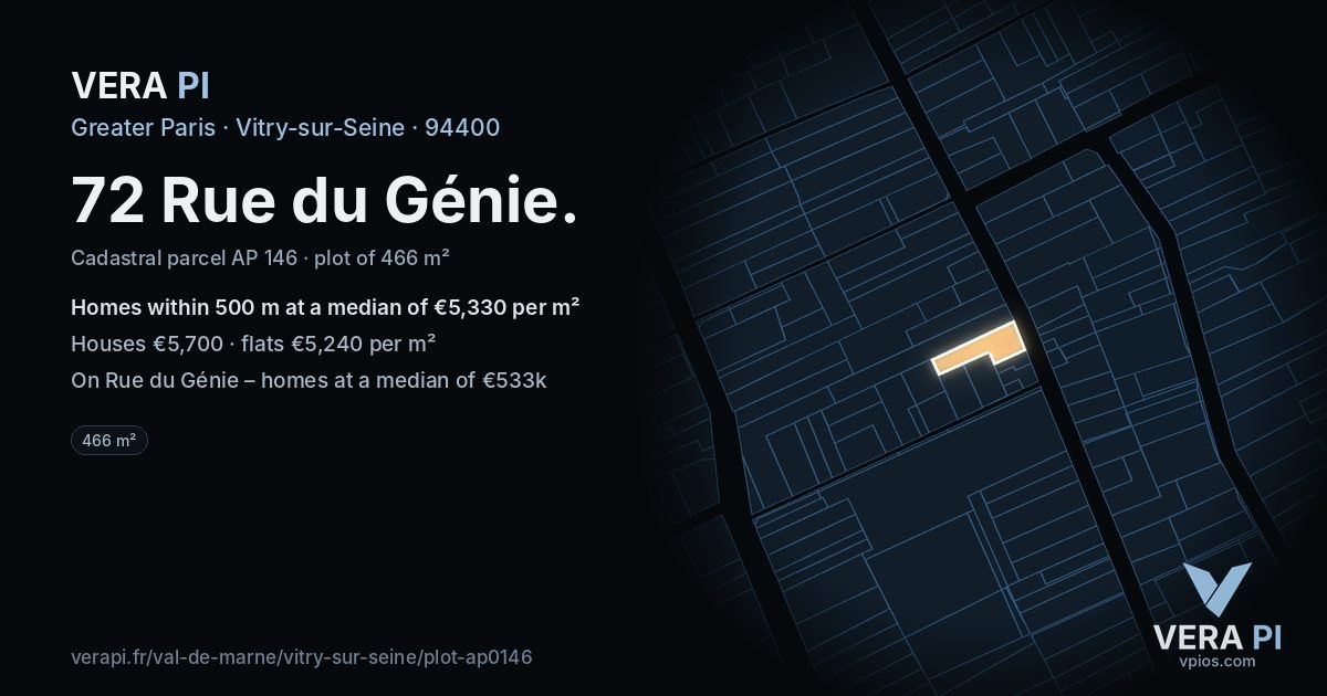 72 Rue du Génie, Vitry-sur-Seine at night – the plot lit, the parcels around coloured by the prices near them