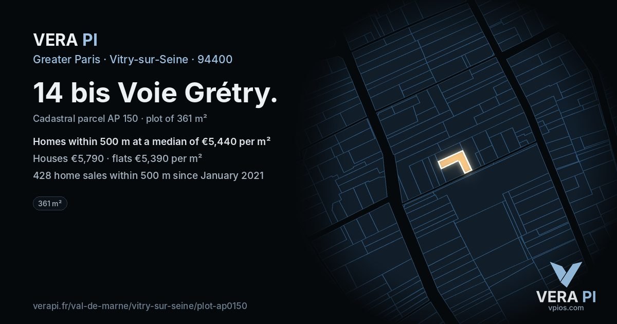 14 bis Voie Grétry, Vitry-sur-Seine at night – the plot lit, the parcels around coloured by the prices near them