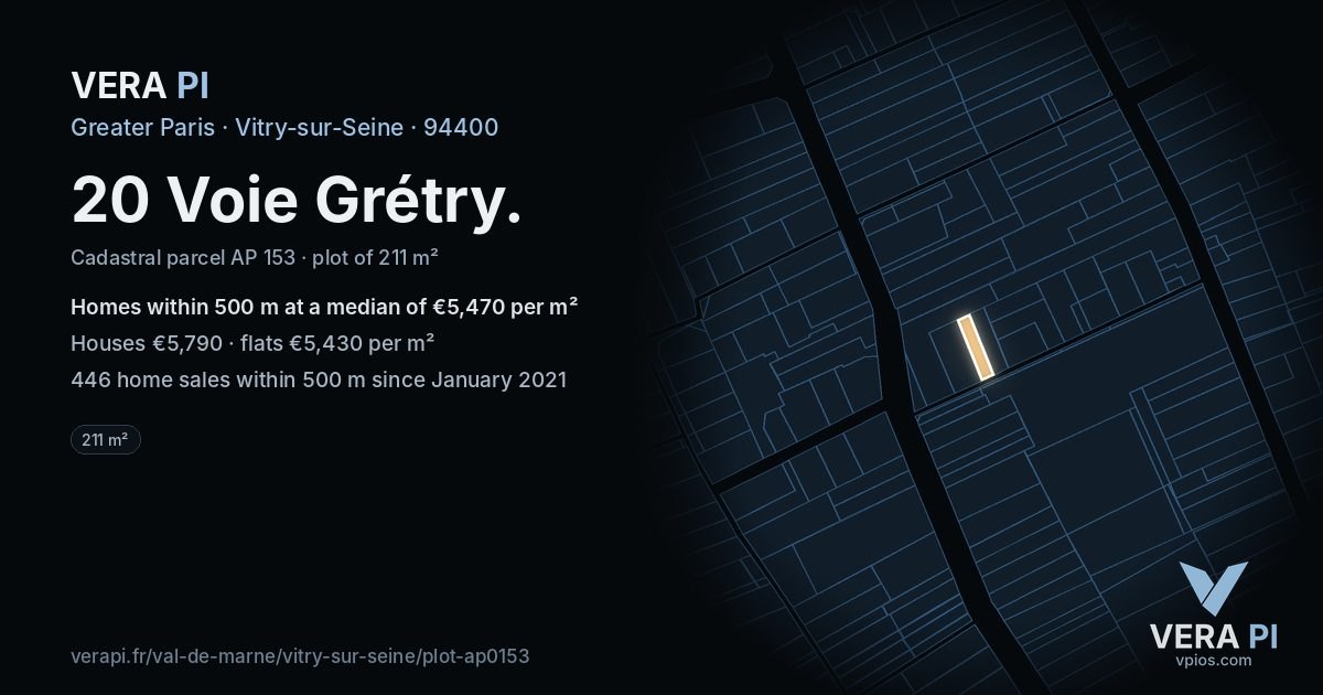 20 Voie Grétry, Vitry-sur-Seine at night – the plot lit, the parcels around coloured by the prices near them