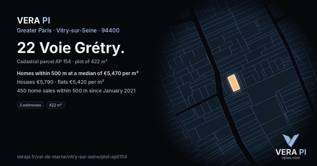 22 Voie Grétry, Vitry-sur-Seine at night – the plot lit, the parcels around coloured by the prices near them
