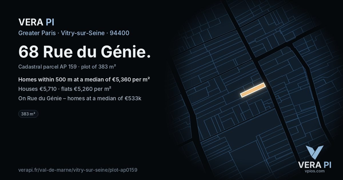 68 Rue du Génie, Vitry-sur-Seine at night – the plot lit, the parcels around coloured by the prices near them