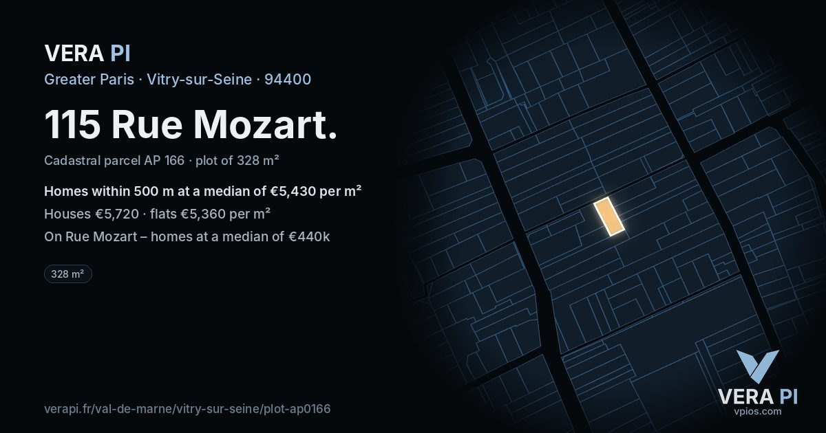 115 Rue Mozart, Vitry-sur-Seine at night – the plot lit, the parcels around coloured by the prices near them