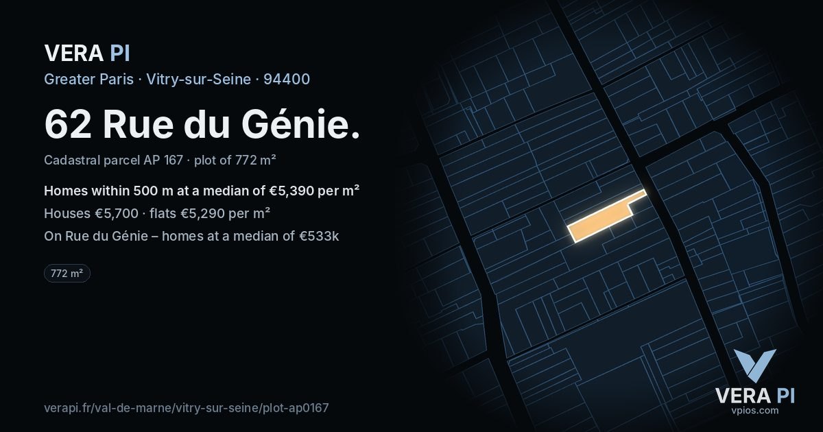 62 Rue du Génie, Vitry-sur-Seine at night – the plot lit, the parcels around coloured by the prices near them