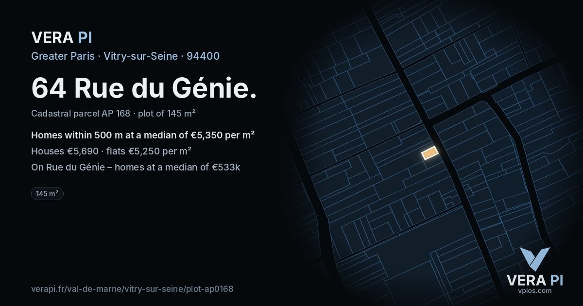 64 Rue du Génie, Vitry-sur-Seine at night – the plot lit, the parcels around coloured by the prices near them
