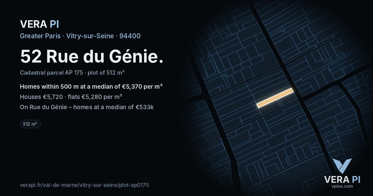 52 Rue du Génie, Vitry-sur-Seine at night – the plot lit, the parcels around coloured by the prices near them