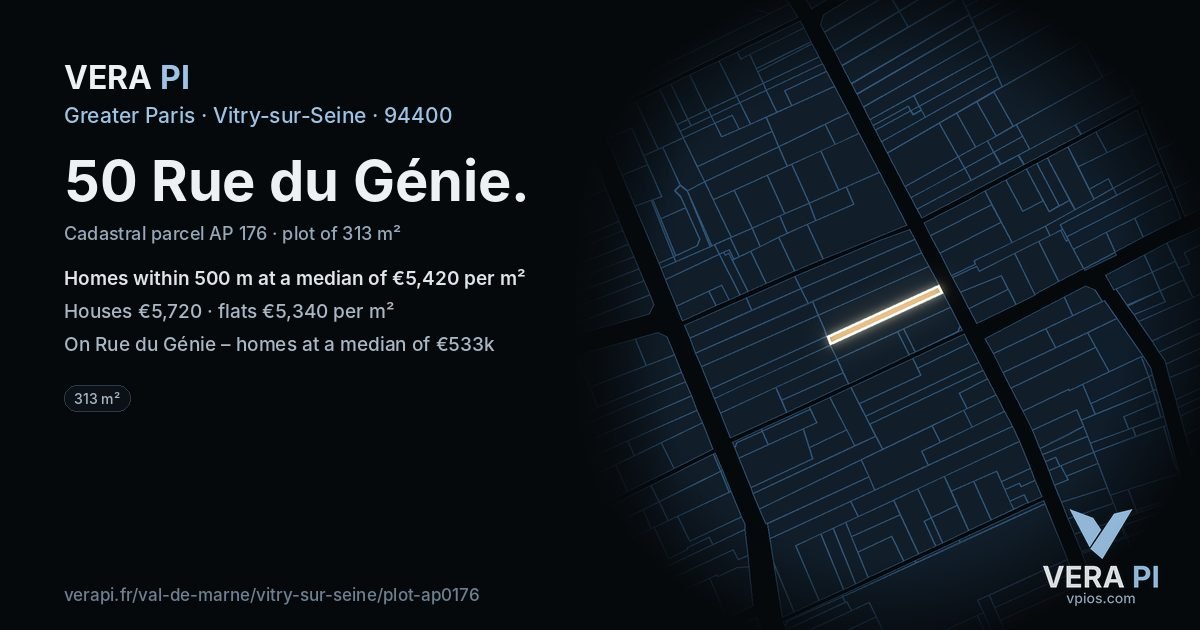 50 Rue du Génie, Vitry-sur-Seine at night – the plot lit, the parcels around coloured by the prices near them