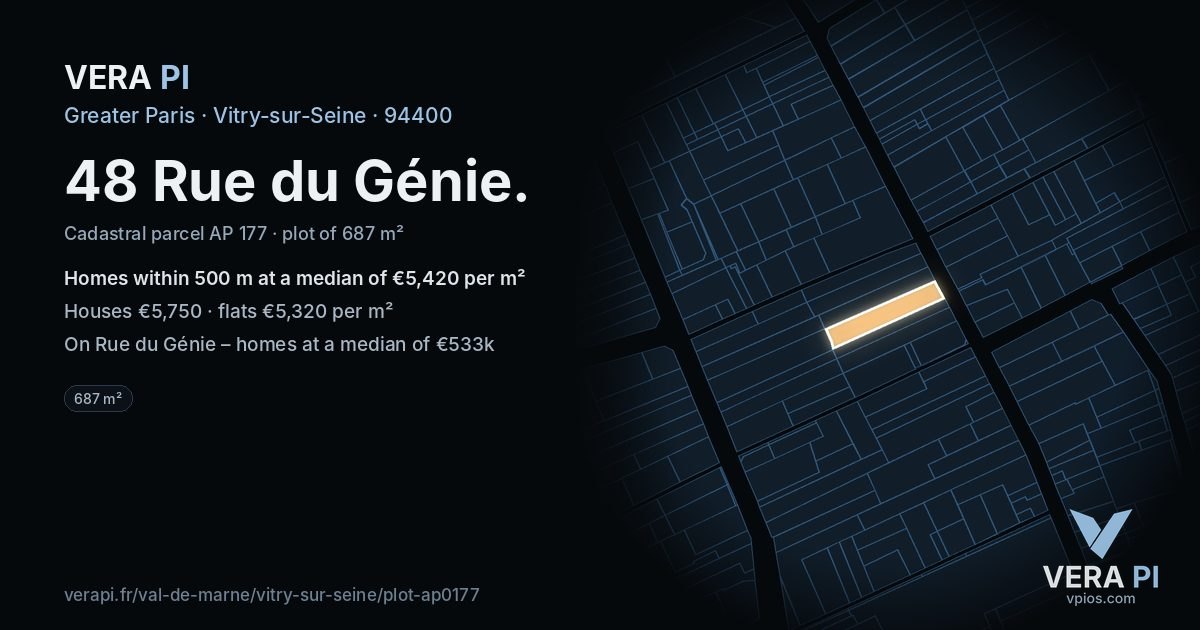48 Rue du Génie, Vitry-sur-Seine at night – the plot lit, the parcels around coloured by the prices near them