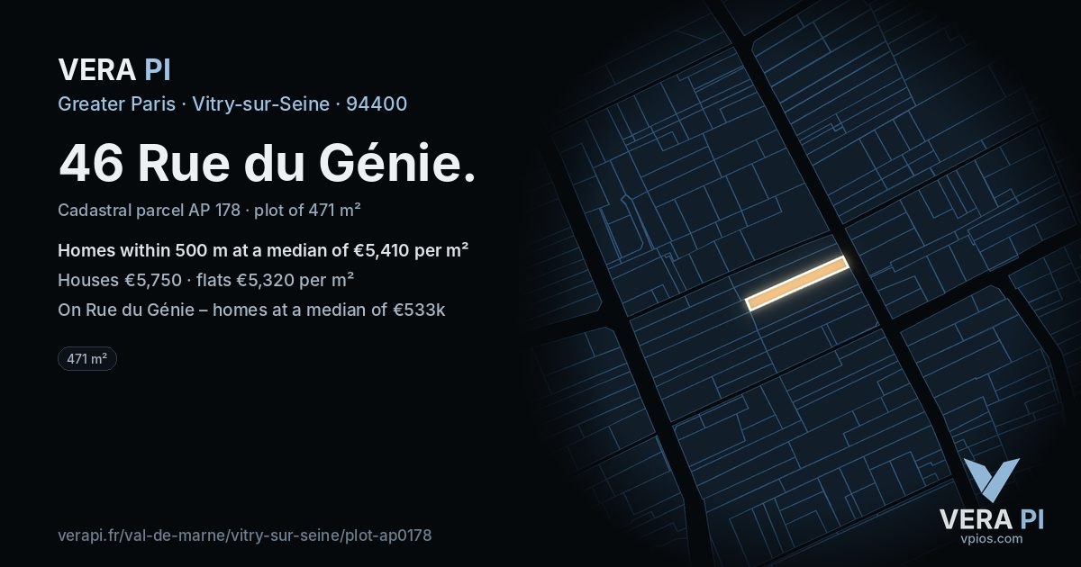 46 Rue du Génie, Vitry-sur-Seine at night – the plot lit, the parcels around coloured by the prices near them