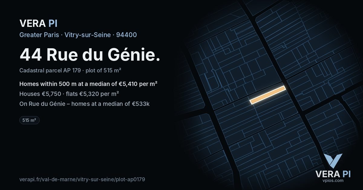 44 Rue du Génie, Vitry-sur-Seine at night – the plot lit, the parcels around coloured by the prices near them