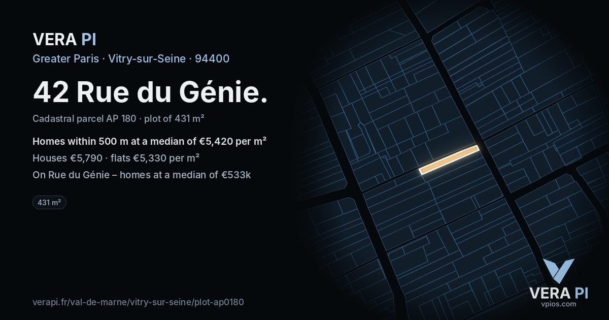 42 Rue du Génie, Vitry-sur-Seine at night – the plot lit, the parcels around coloured by the prices near them