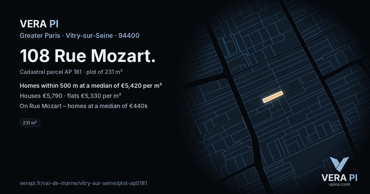 108 Rue Mozart, Vitry-sur-Seine at night – the plot lit, the parcels around coloured by the prices near them