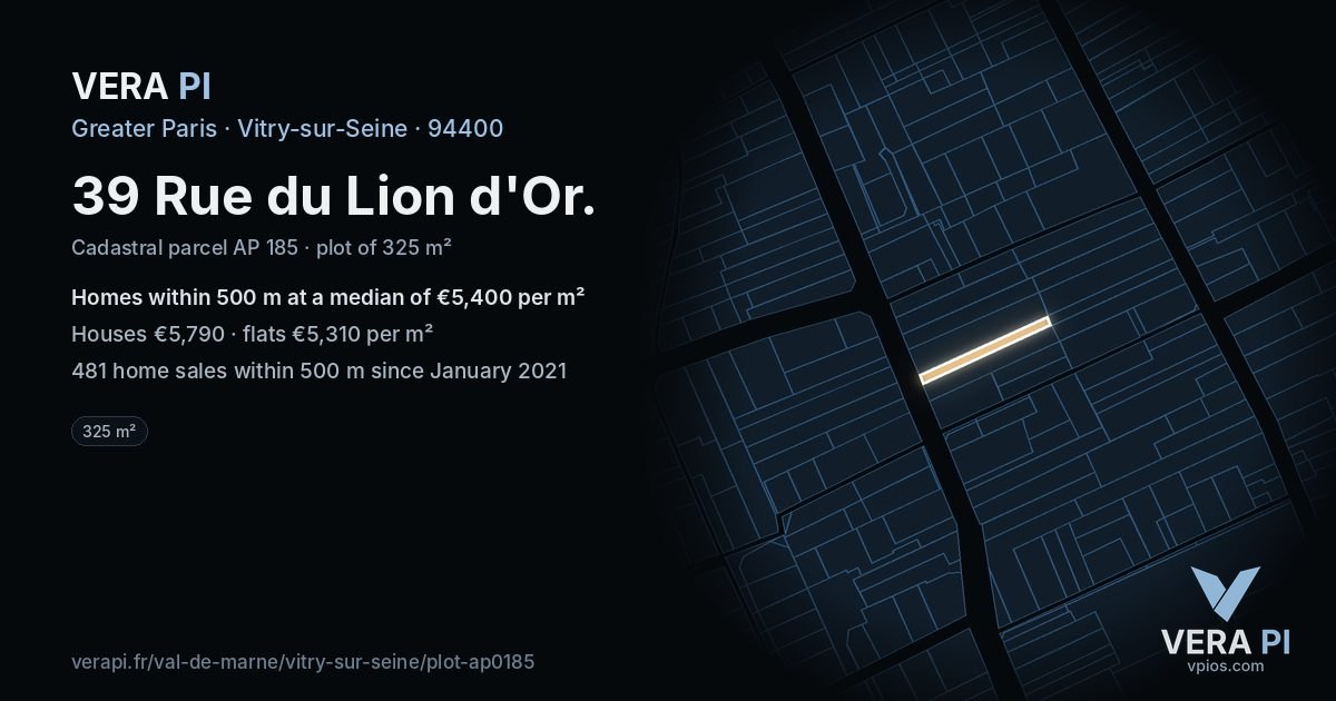39 Rue du Lion d'Or, Vitry-sur-Seine at night – the plot lit, the parcels around coloured by the prices near them