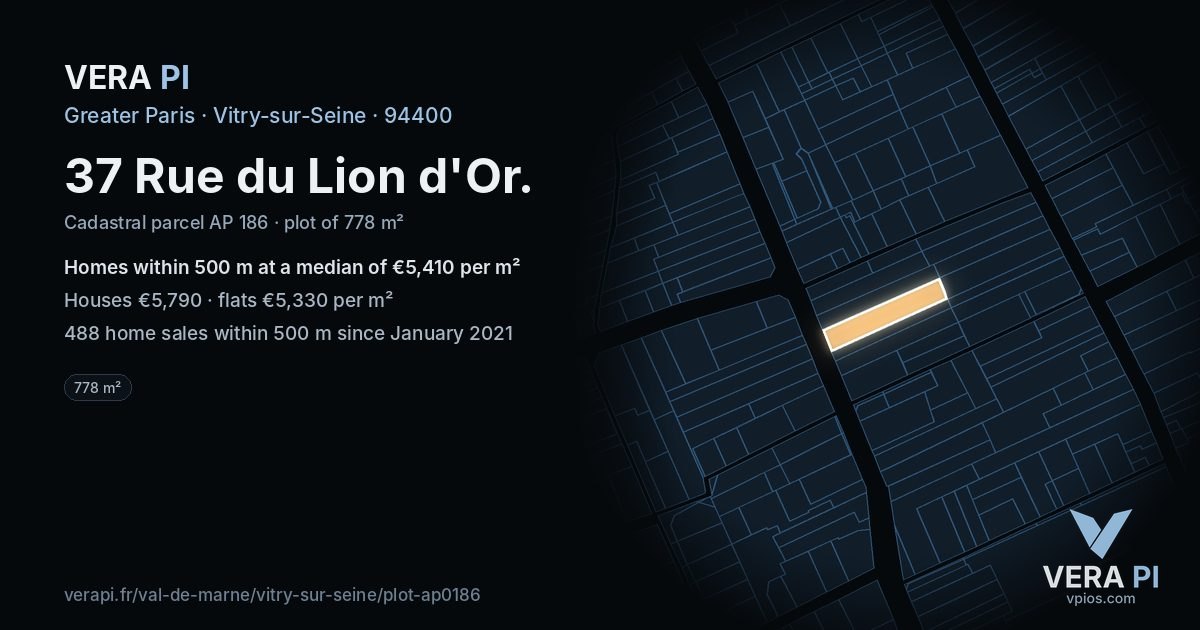 37 Rue du Lion d'Or, Vitry-sur-Seine at night – the plot lit, the parcels around coloured by the prices near them