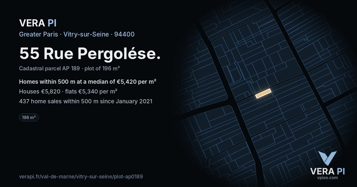 55 Rue Pergolése, Vitry-sur-Seine at night – the plot lit, the parcels around coloured by the prices near them