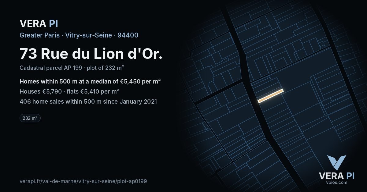 73 Rue du Lion d'Or, Vitry-sur-Seine at night – the plot lit, the parcels around coloured by the prices near them
