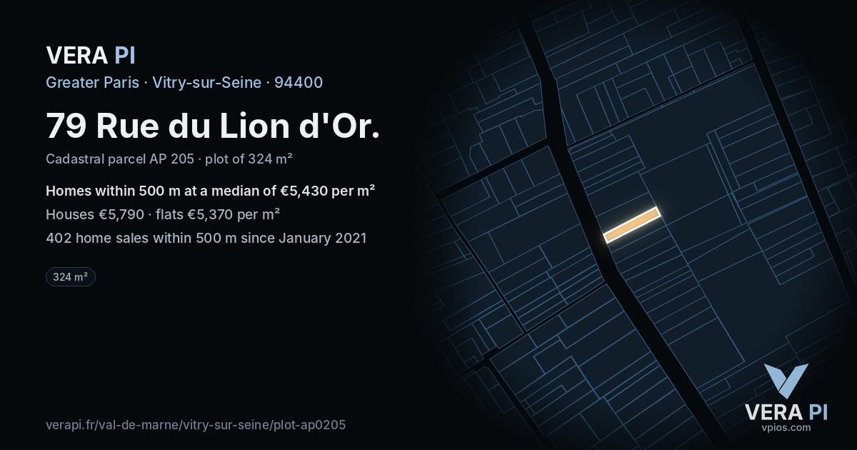 79 Rue du Lion d'Or, Vitry-sur-Seine at night – the plot lit, the parcels around coloured by the prices near them