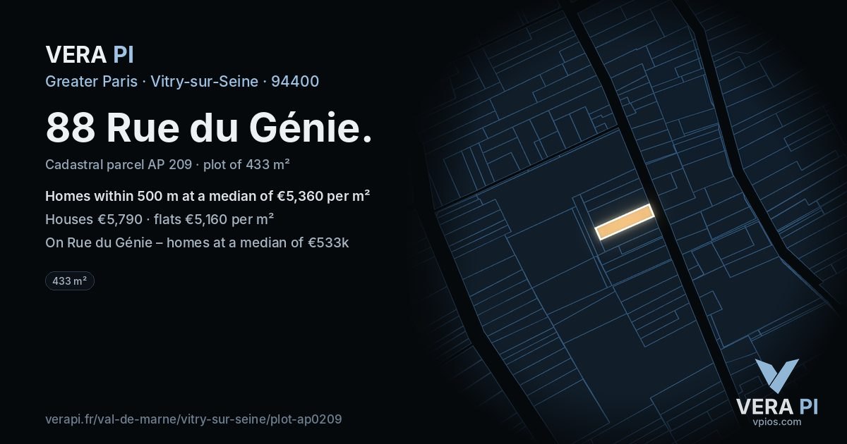 88 Rue du Génie, Vitry-sur-Seine at night – the plot lit, the parcels around coloured by the prices near them