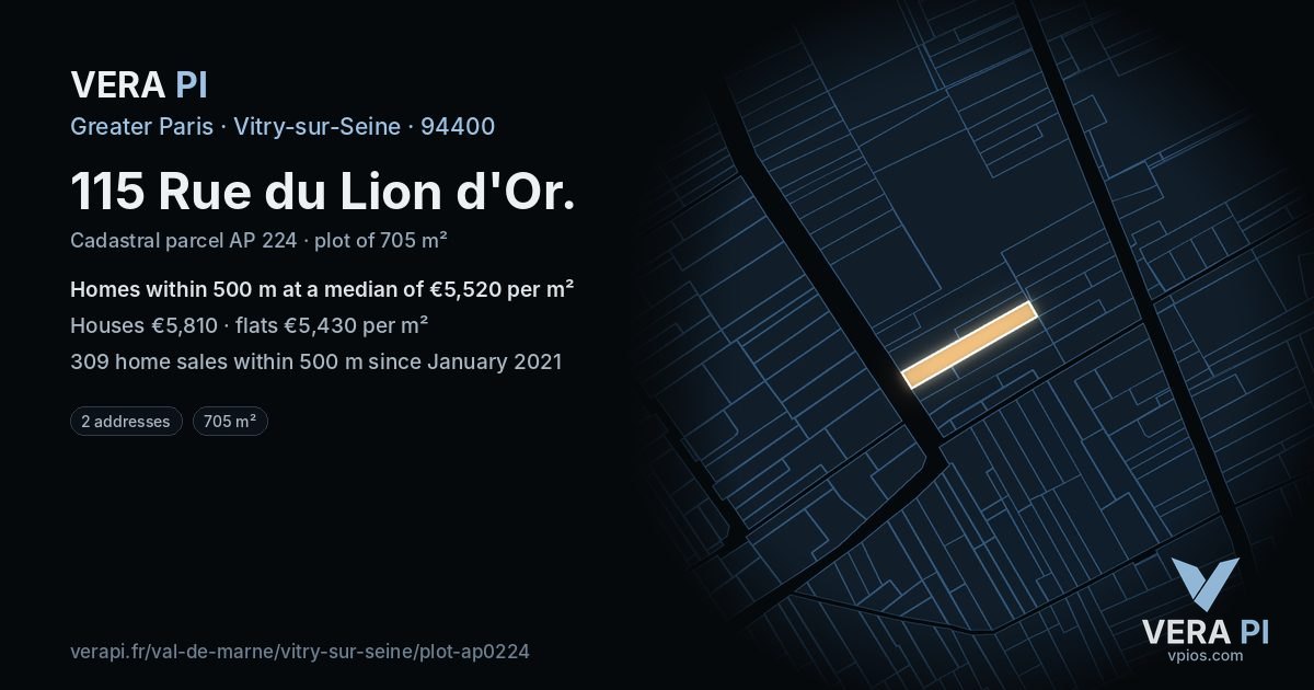 115 Rue du Lion d'Or, Vitry-sur-Seine at night – the plot lit, the parcels around coloured by the prices near them