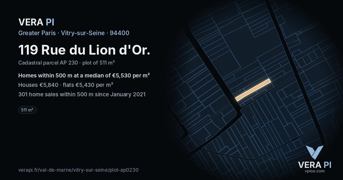 119 Rue du Lion d'Or, Vitry-sur-Seine at night – the plot lit, the parcels around coloured by the prices near them