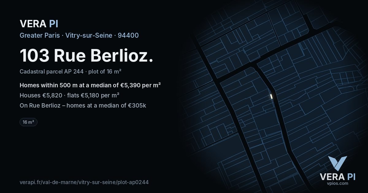 103 Rue Berlioz, Vitry-sur-Seine at night – the plot lit, the parcels around coloured by the prices near them