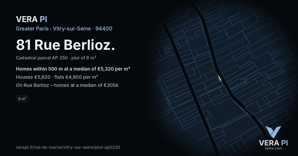 81 Rue Berlioz, Vitry-sur-Seine at night – the plot lit, the parcels around coloured by the prices near them