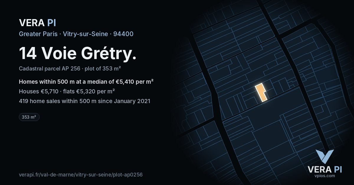 14 Voie Grétry, Vitry-sur-Seine at night – the plot lit, the parcels around coloured by the prices near them