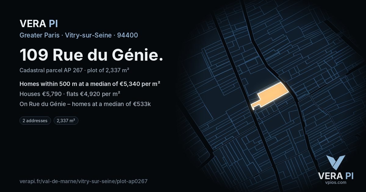 109 Rue du Génie, Vitry-sur-Seine at night – the plot lit, the parcels around coloured by the prices near them