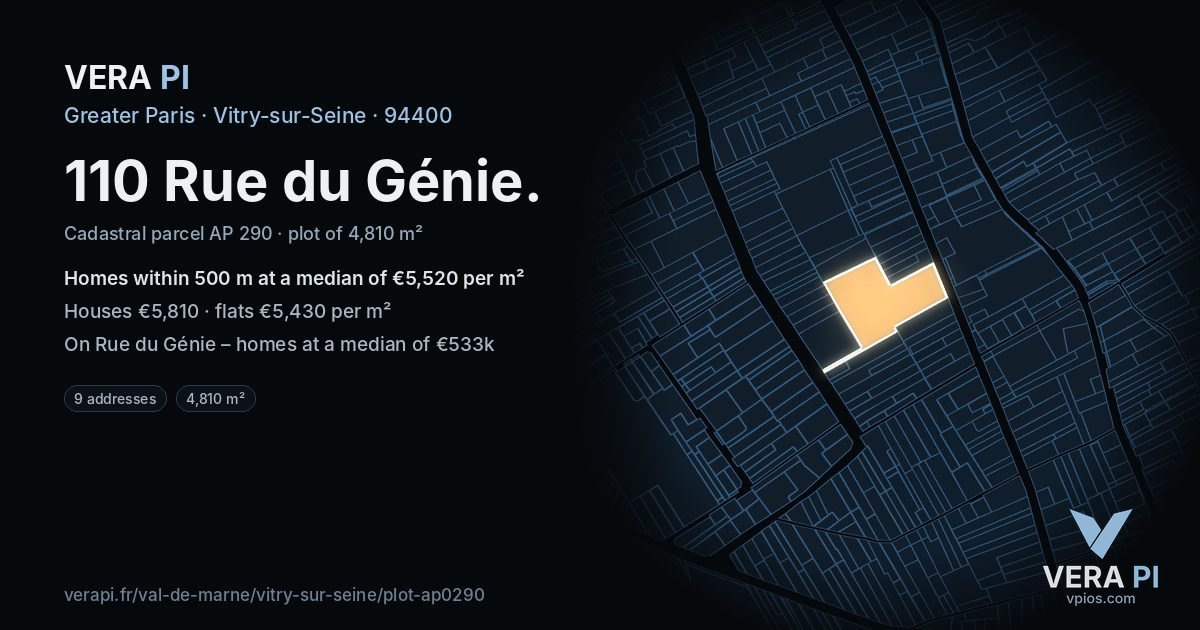 110 Rue du Génie, Vitry-sur-Seine at night – the plot lit, the parcels around coloured by the prices near them