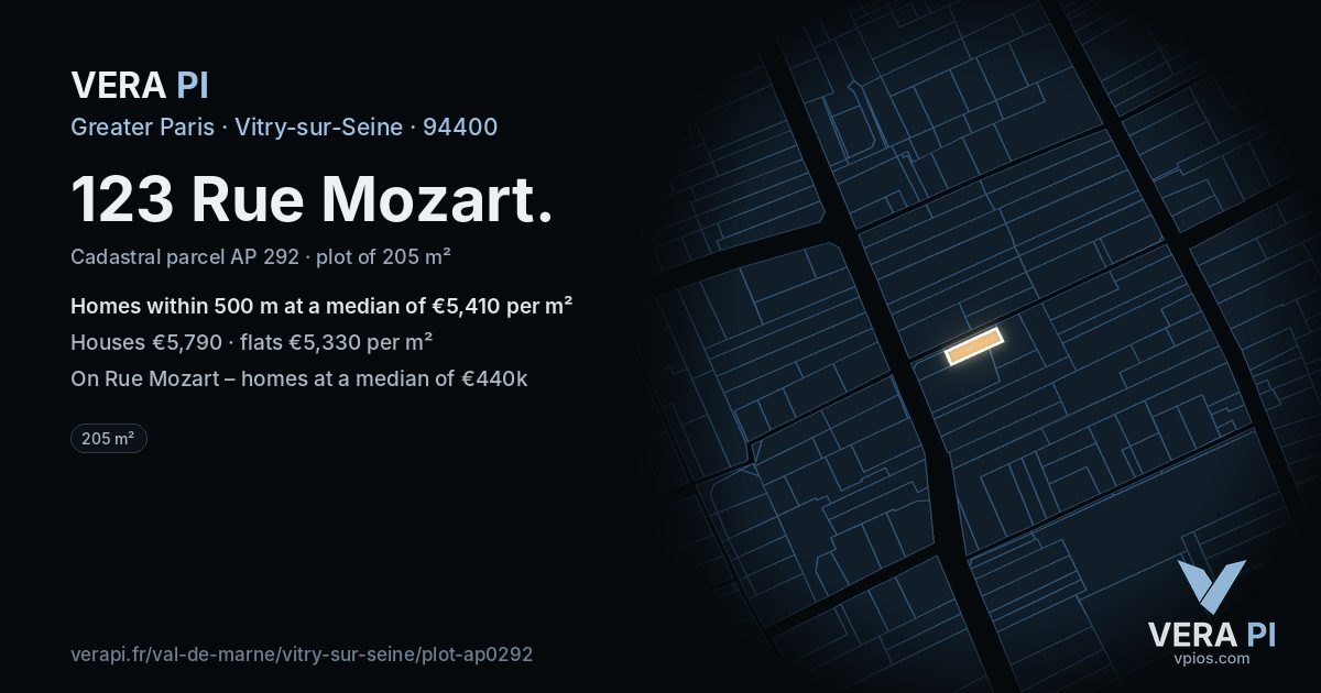 123 Rue Mozart, Vitry-sur-Seine at night – the plot lit, the parcels around coloured by the prices near them