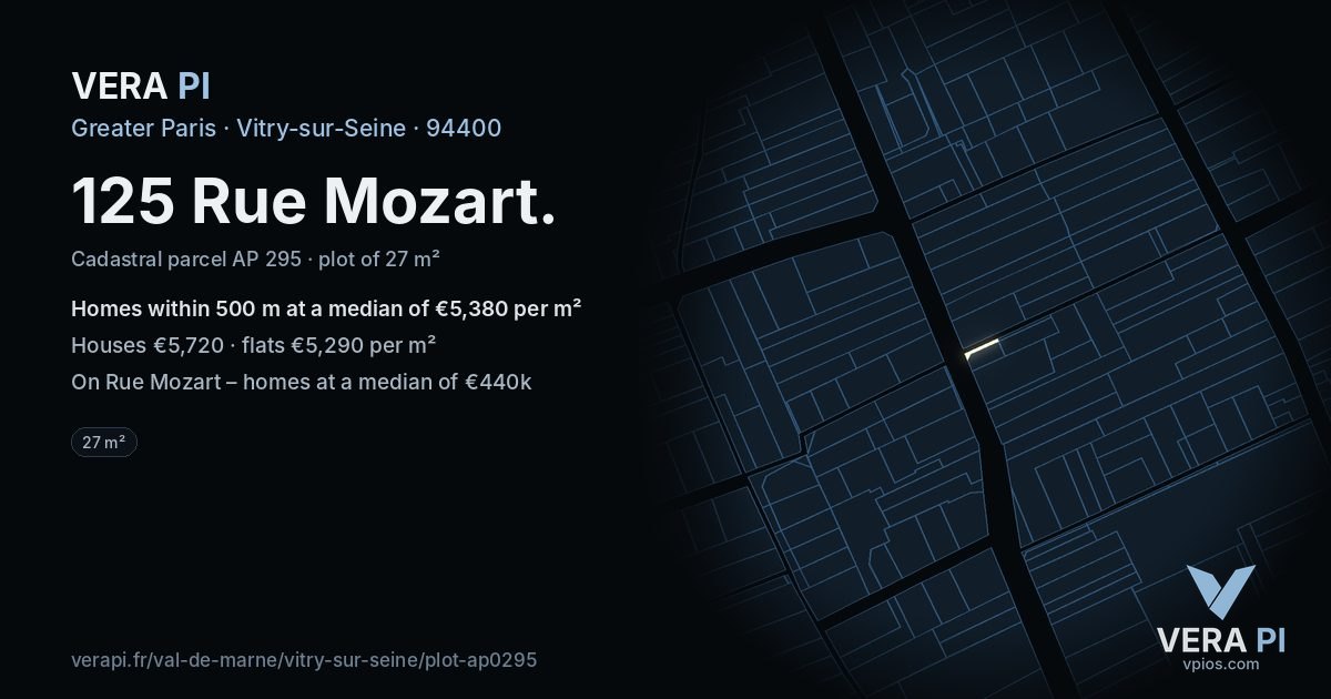 125 Rue Mozart, Vitry-sur-Seine at night – the plot lit, the parcels around coloured by the prices near them