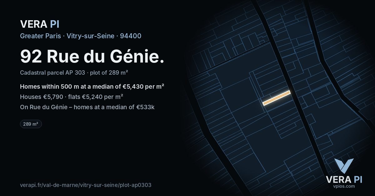 92 Rue du Génie, Vitry-sur-Seine at night – the plot lit, the parcels around coloured by the prices near them