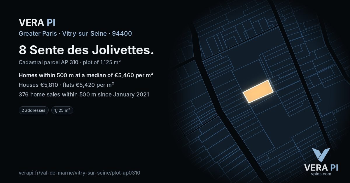 8 Sente des Jolivettes, Vitry-sur-Seine at night – the plot lit, the parcels around coloured by the prices near them