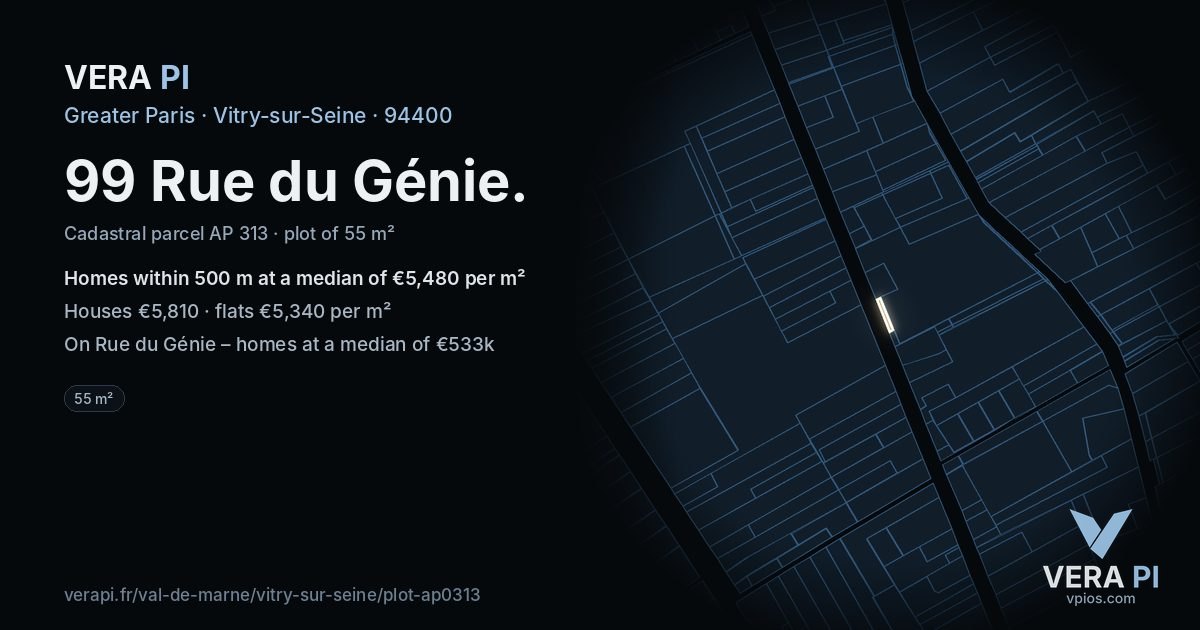 99 Rue du Génie, Vitry-sur-Seine at night – the plot lit, the parcels around coloured by the prices near them