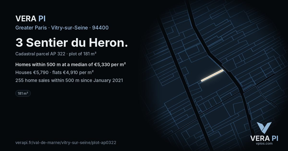 3 Sentier du Heron, Vitry-sur-Seine at night – the plot lit, the parcels around coloured by the prices near them