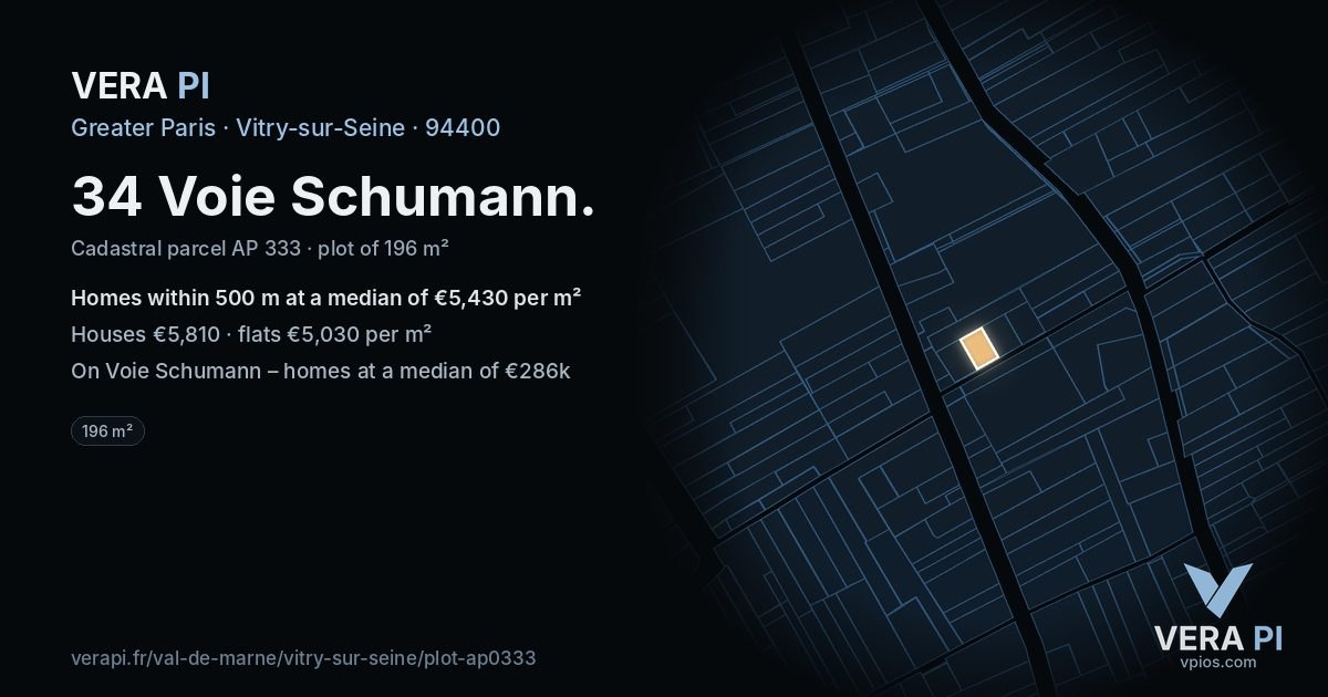 34 Voie Schumann, Vitry-sur-Seine at night – the plot lit, the parcels around coloured by the prices near them