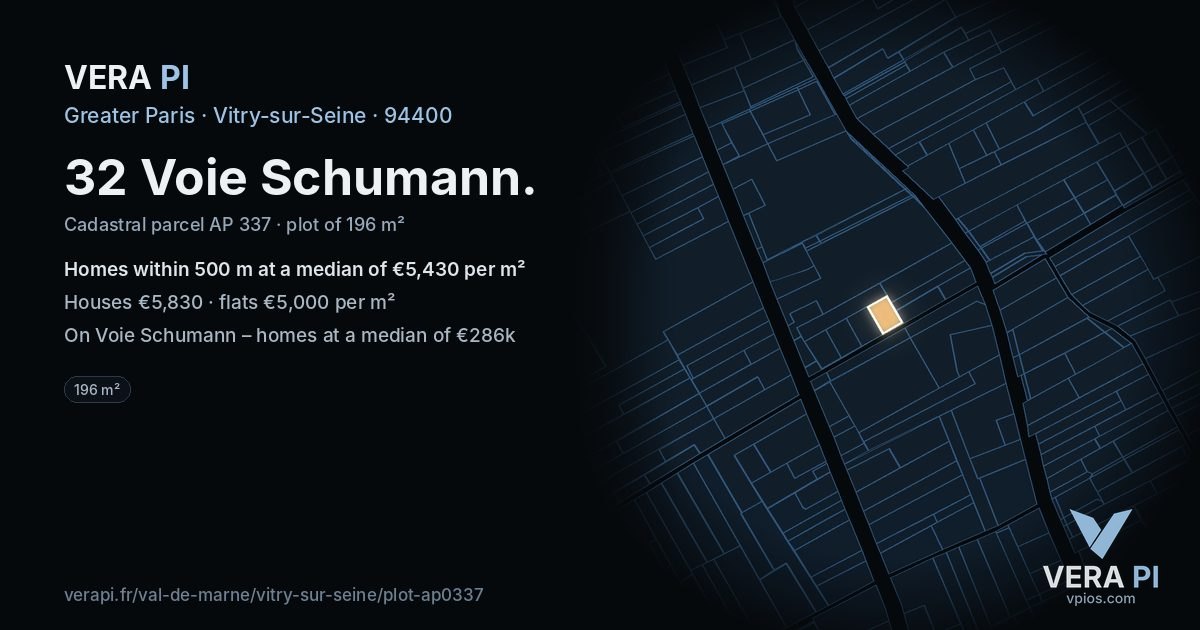 32 Voie Schumann, Vitry-sur-Seine at night – the plot lit, the parcels around coloured by the prices near them
